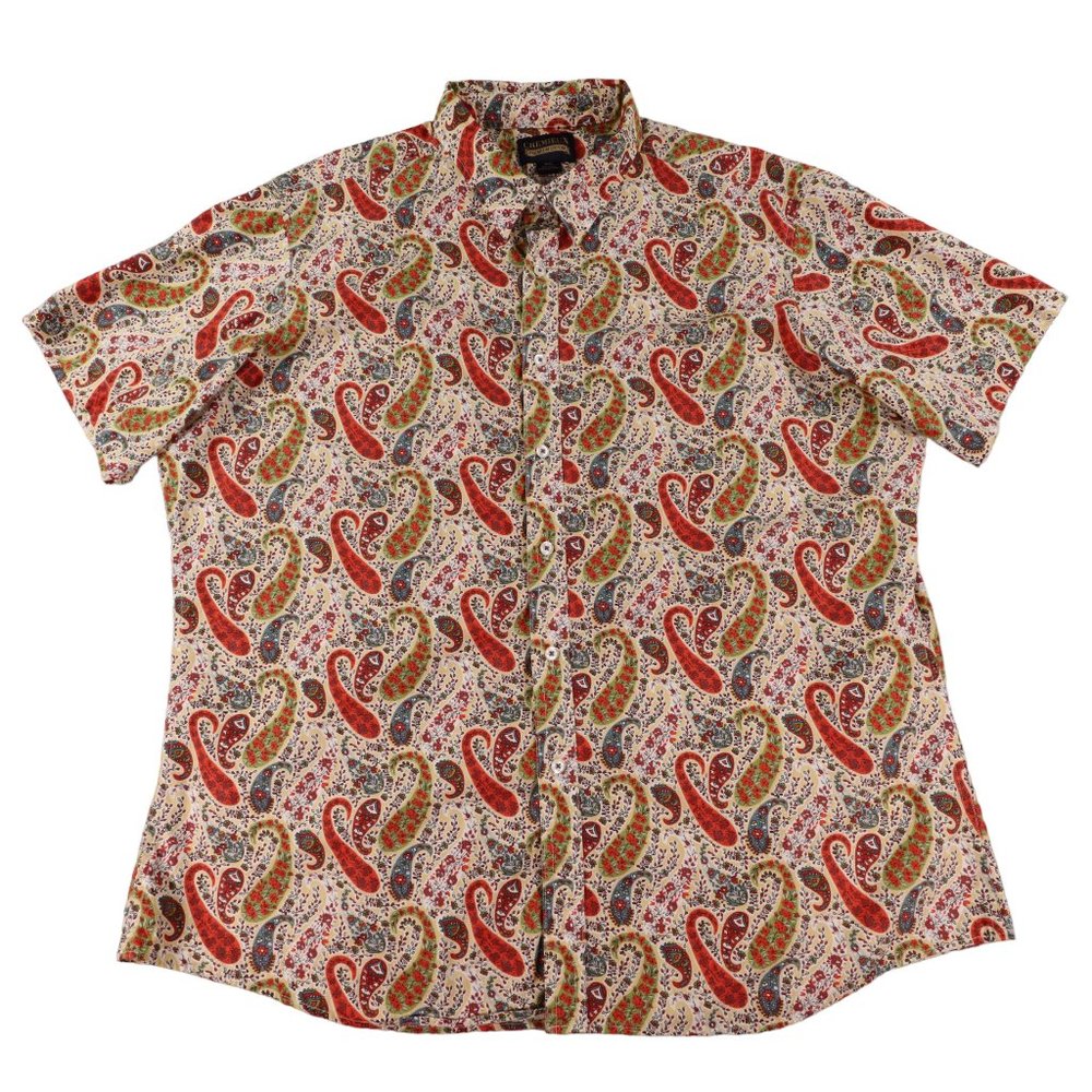 Cremieux Premium Denim Short Sleeve Button Up Shirt Mens Size 2XL Orange Paisley